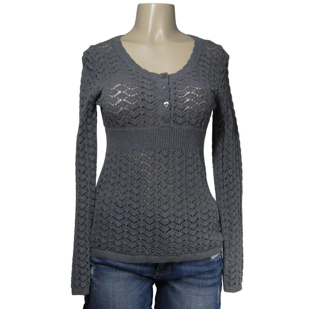 LOFT S P Y2K CROCHET Open Knit Pointelle Henley Sweater Top Gray Bella Elena